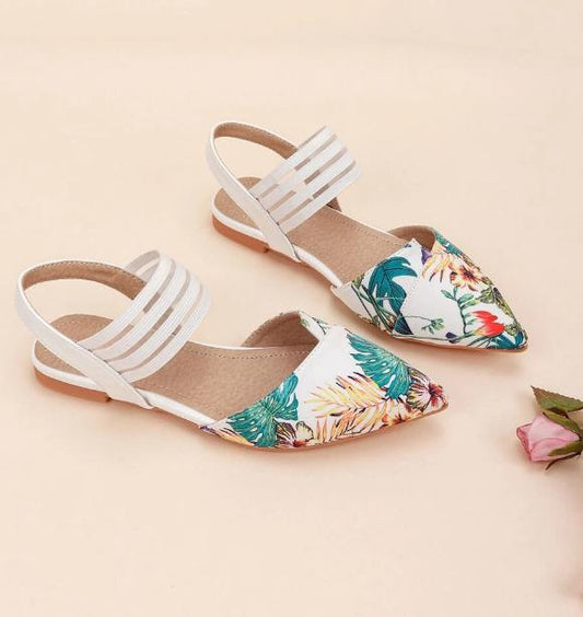 Tropical pattern pointed toe ankle strap flats